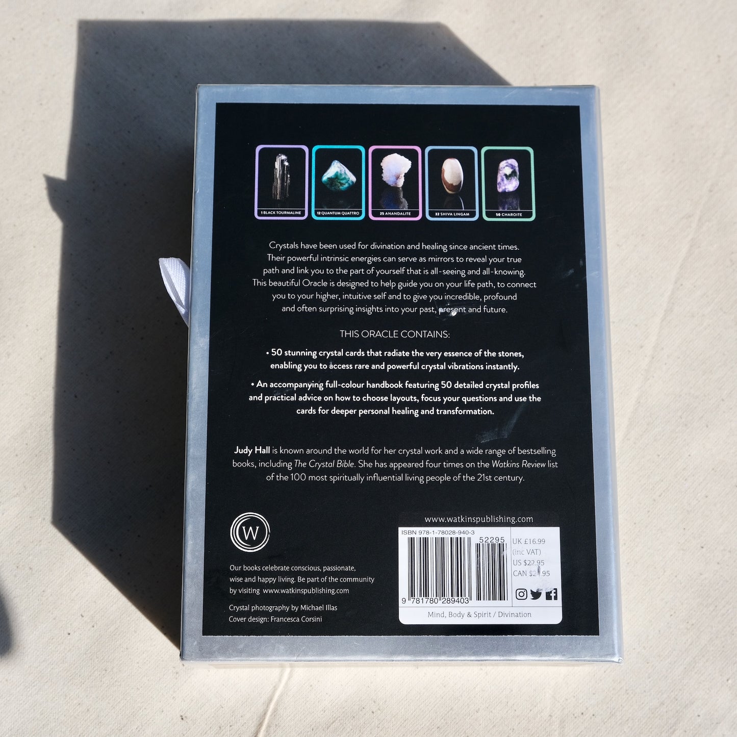 Back of card box with pictures of 5 cards and a description of how they work