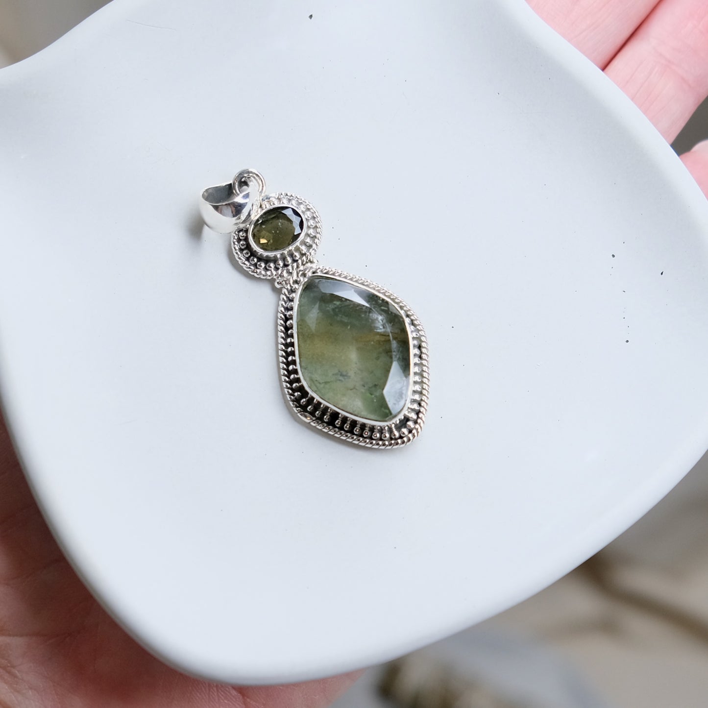 Moldavite and Phantom Quartz Sterling Silver Pendant.